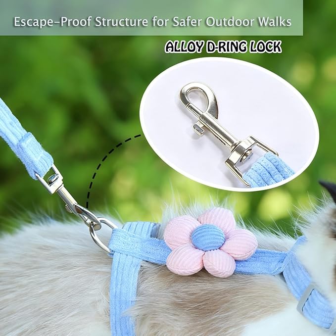 LeLehome Cat Harness and Leash Set Escape Proof Comfortable Lightweight Adjustable Strap for Walking, Travel, Kitten, Puppy (Pink Flower)