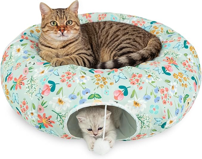 Cat Donut Tunnel for Indoor Cats in Spring & Summer, Cute Cat Tunnel Bed for Large Small Cats, Multifunctional Peekaboo Cat Cave Long Circle Playground Toys for Kitty Puppy Rabbit Ferret,Floral Design