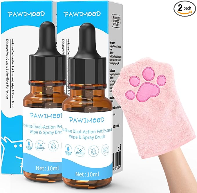 2PCS Concentrated Waterless Shampoo Essence with Pink Grooming Glove, No-Rinse & Lick-Safe Essence for Steam Brushes, Gentle Care for Cats/Kittens/Seniors, Manage Shedding & Freshness (2, Pink Glove)