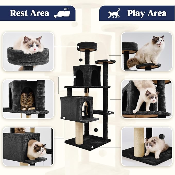 58 Inch Cat Tree Cat Tower for Indoor Cats Tall Cat Condos Scratching Post with Hanging Toy Furniture for Kitten Pets Play, Yellow Beige
