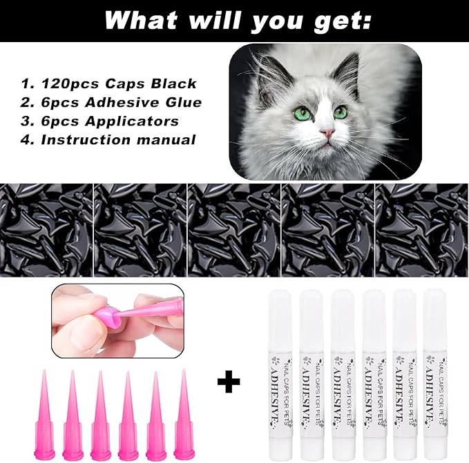 VICTHY 120pcs Cat Nail Caps | Cat Claw Caps | Cat Nail Covers with Adhesives and Applicators (Black XS)