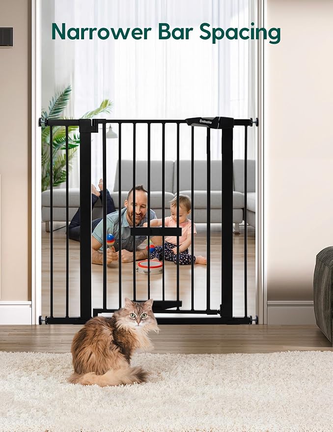 Babelio 36 Inch Extra Tall Baby Gate with Cat Door, 29.5-40" Metal Pet Door for Stairs, Doorways, House, Auto Close, Easy Walk Thru, Black