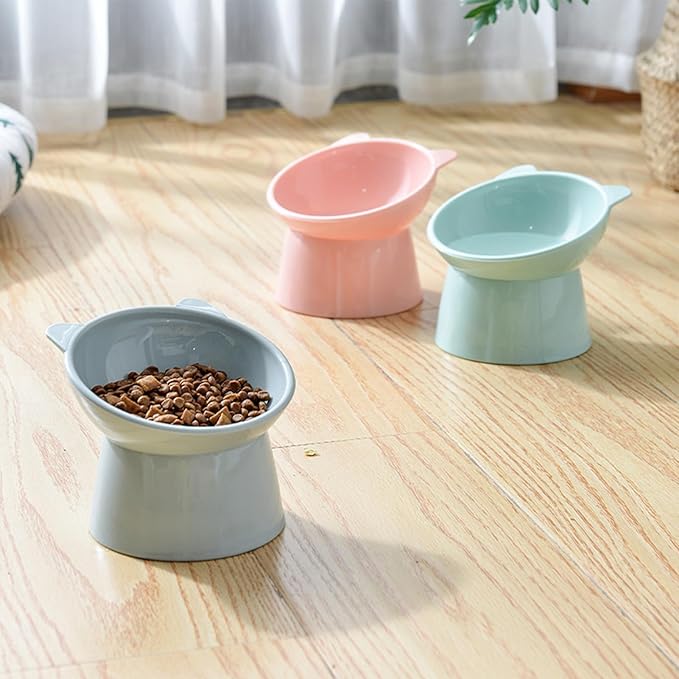 Raised Cat Food Bowl, 15° Tilted Whisker Friendly Dog Water Bowl Anti Vomiting Pet Dishes Puppy Ergonomic Feeding Set Supplies for Cats and Puppies (Blue Gray)