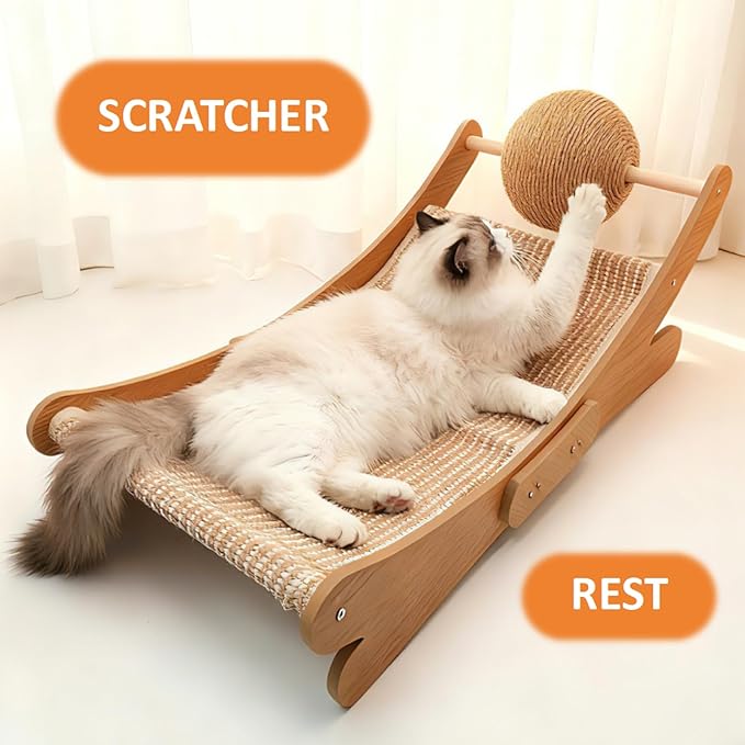 Sisal Cat Scratcher Bed for Cat Scratching Chair Hammock, Large Scratch Post Lounger Pad with Toy Ball for Indoor Cats