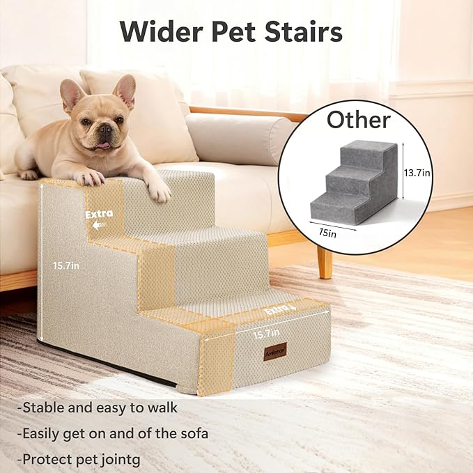 Aodisman Dog Stairs for Small Dogs, 3-Step Wider Pet Stairs for Couch and Beds, Non-Slip Dog Steps for Old Cats, Puppy, Small Medium Dogs,15.7" H,Beige