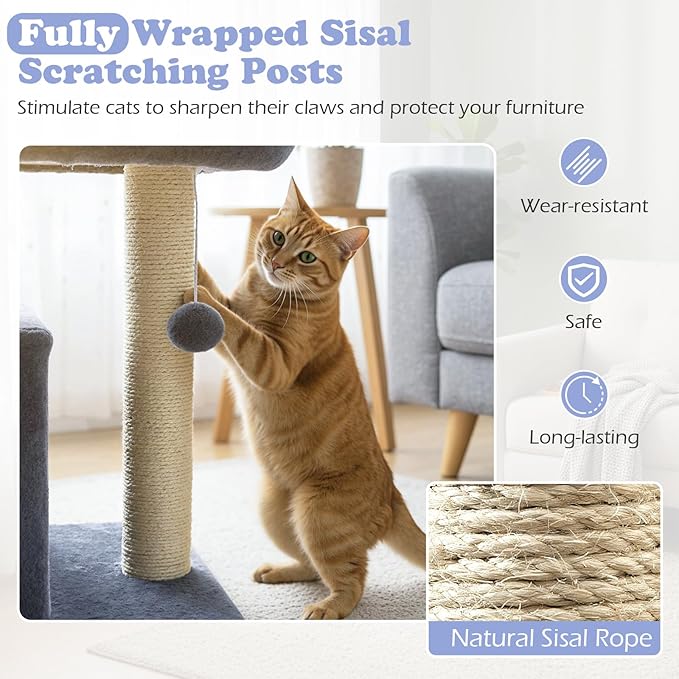 Tangkula Small Cat Tree for Indoor Cats, Cat Tower with Sisal Scratching Posts, Hanging Pompom, Cat Condo with Large Padded Plush Perch for Small Spaces, Kittens (Dark Grey)