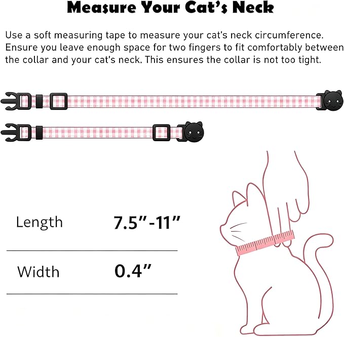 2 Pack Cotton Breakaway Cat Collars with Bell and Charms Pink Solid Plaid Safety Collars for Girl Boy Cats, Cat Head and Paw Pendant Cute Kitten Collars