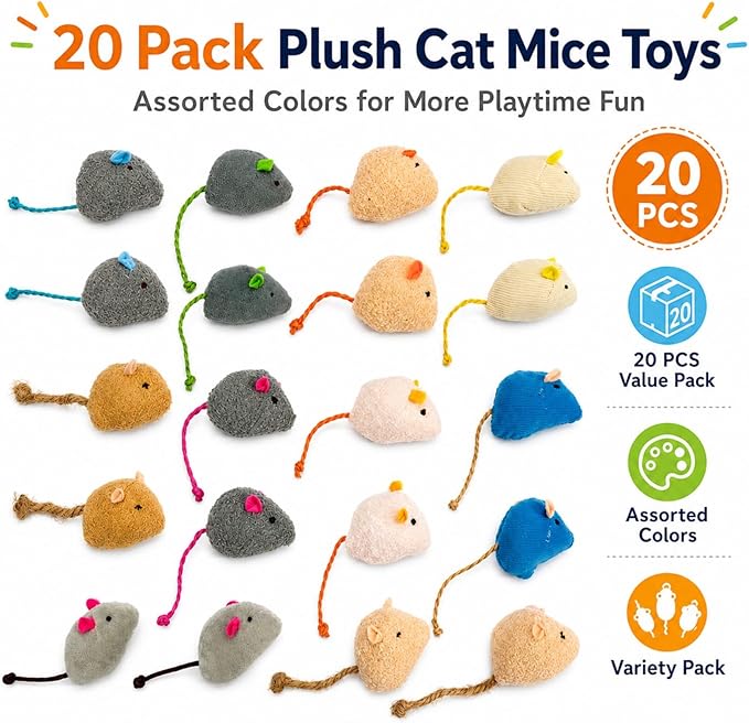 20-Pack Catnip Mouse Toys - Assorted Colors, Plush Mice with Catnip, Interactive Cat Toys for Indoor Kittens & Adults, Durable Cat Teaser Set