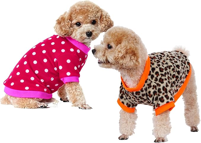 Rbenxia 2 Pieces Dog Fleece Sweaters Puppy Warm Sweater Doggie Sweatshirt Soft Fleece Dog Pajamas Puppy Clothes Winter Dogs Outfits for Small Dogs Cat Pets (X-Small, Leopard Print + Polka dots)