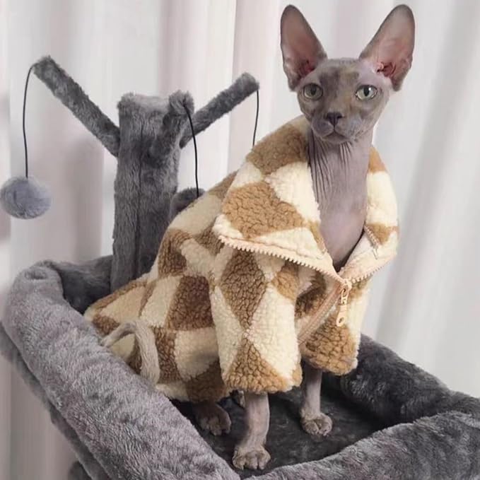 Turtleneck Sphynx Cat Winter Clothes, Double-Sided Fleece Jacket with Zipper, Sweater for Sphynx Cat Winter Warm Outfit Coat for Hairless Cats and Small Dogs Apparel with Sleeves (Diamond, Medium)