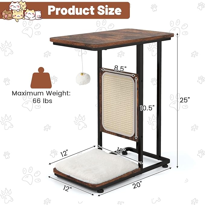 Giantex Cat Scratcher Side Table, C-Shaped End Table with Cat Scratching Board, Washable Cushion, Jingling Ball, Metal Frame, Couch Table Cat Tree Tower for Living Room Bedroom, Rustic Brown