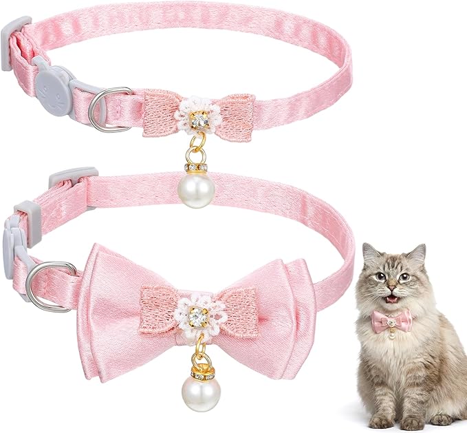 cobee 2 Pcs Breakaway Cat Collar, Adorable Cat Collar with Bowtie Bell Adjustable Kitten Collars Pink Cats Collars Breakaway SafetyCollar for Girl Cats