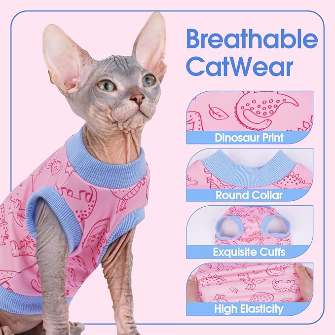 Large Sphynx Hairless Cat Clothes with Dinosaur Print, Pullover Kitten T-Shirts Vest, Sleeveless Bodysuit Cat Pajamas Jumpsuit, Breathable Daily Wear Clothes for Cats