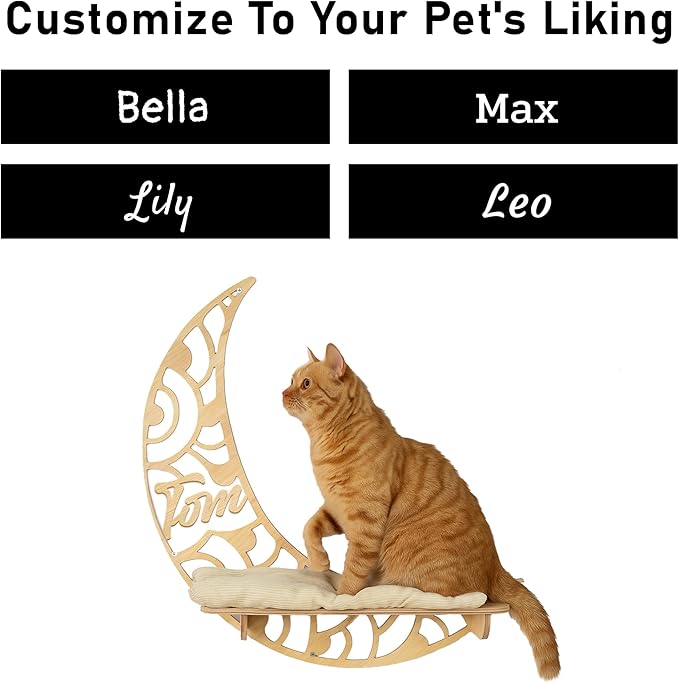 Personalized Cat Shelves, Half Moon Shape Wall Mounted, Custom Name Mounted Cat Shelf, Wooden Perch Toy Bed Furniture for Sleeping Playing Scratching, Your Pet Gifts
