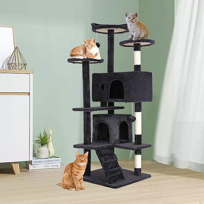 70 Inch Cat Tree for Indoor Cats - Multi-Level Tower With Scratching Post, Condo, Plush Perch, Dangling Ball - Heavy Duty for Large Cats, Ashy