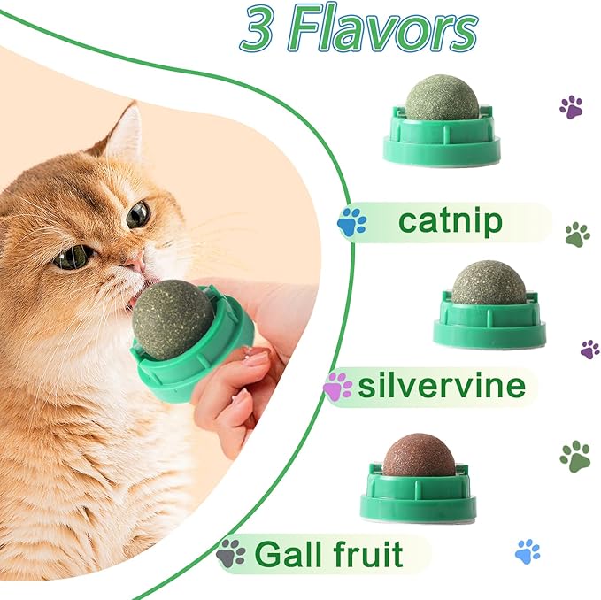 3PCS Catnip Balls for Cats Wall Edible Cat Toys with Catnip Silvervine Gall Fruit Flavors for Cat Lick Safe Teeth Cleaning Dental Cat Toys
