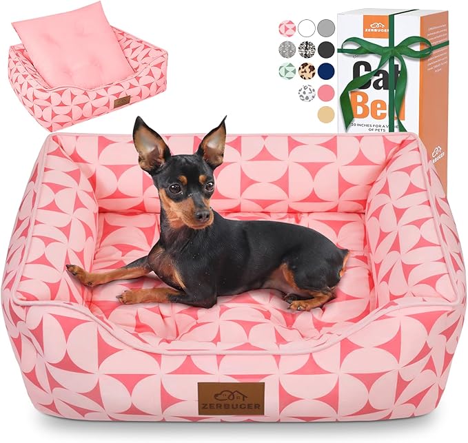 Zerbuger Rectangle Cat Dog Bed for Large Medium Small Pets Indoor Outdoor Machine Washable Sleeping Sofa Non-Slip Bottom Soft Puppy Bed Durable Orthopedic Calming Pet Cuddler (Medium, Pink Pattern)
