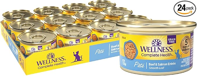 Wellness Complete Health Pate Adult Canned Wet Cat Food, Natural, Protein Rich, Grain Free, Beef and Salmon Entrée Recipe, 3 oz, Pack of 24 Cans
