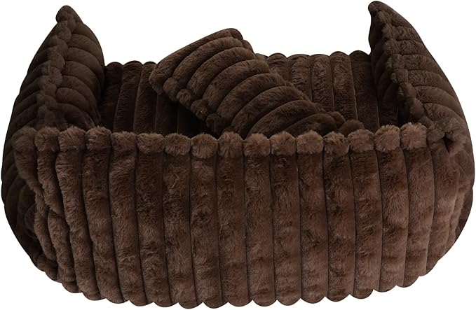 Fluffy Pet Couch Bed with Removable Washable Cover, Dark Brown Rabbit Plush Dog Cat Bed for Small Medium Pets, L Size Couch with Non-Slip Bottom and Pillow (Brown)