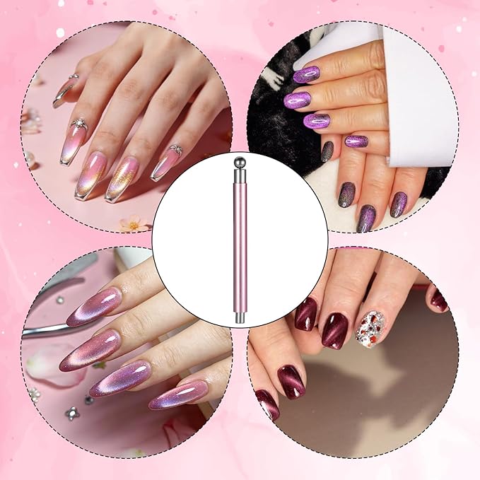 2Pcs 3 in 1 Cat Eye Nail Magnet, Double-Ended Multifunctional Nail Magnet Stick with Round Magnetic Bead Heart Shaped NailMagnet Cat Eye Magnets Art Design for DIY, Studio or Salon