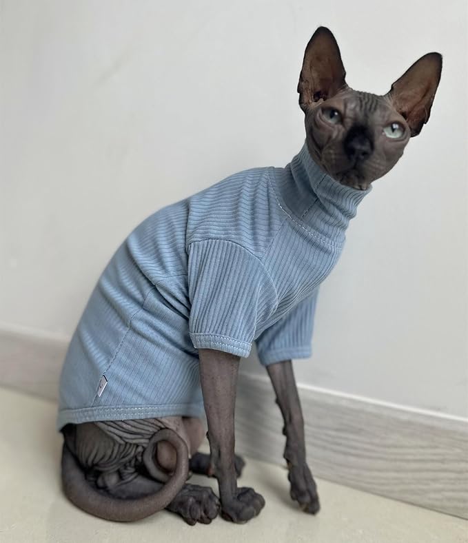 Sphynx Hairless Cats Shirt Cotton Cat Turtleneck Sweater Pullover Kitten T-Shirts with Sleeves Cat Pajamas Jumpsuit for Sphynx Cornish Rex, Devon Rex, Peterbald (X-Large (Pack of 1), Sky Blue)