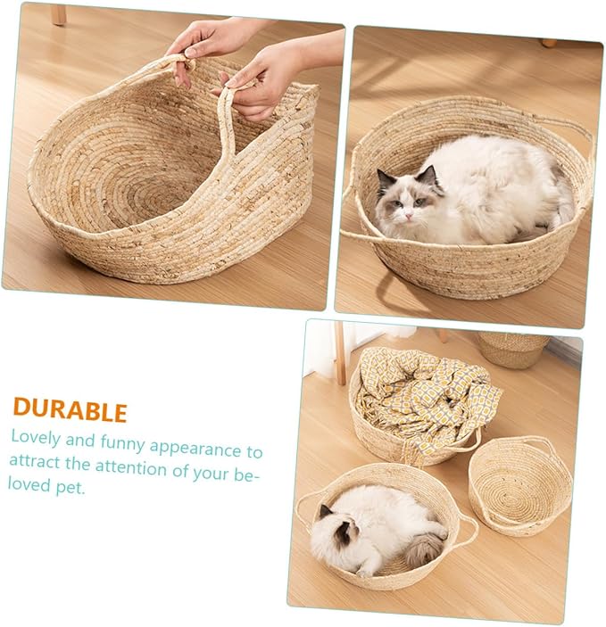 ABOOFAN Rattan Woven Cat Bed Cooling Pet Nest Medium Size for Cats to 8 Lbs Semi-Enclosed Breathable Summer Supply Indoor Pet Furniture