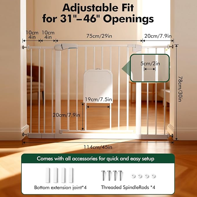 Metal Pet Gate with Cat Door, Adjustable Dog Gate for Doorways & Stairs, Pressure Mounted, Auto-Close, No Tools Needed, 31-46 Inches, White