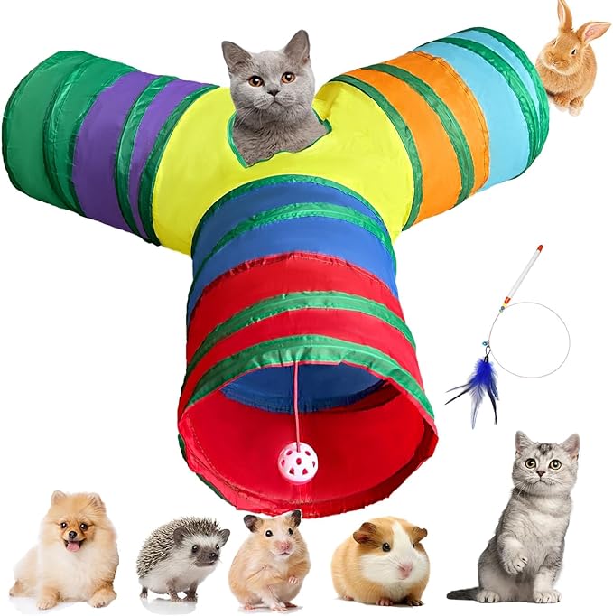 Cat Tunnel Tube Toy Collapsible 3 Way Rainbow, Pet Tunnels for Indoor Cats, Play Tubes with Hanging Ball Perfect for Kittens, Puppies, Rabbits, Interactive Toys for Fun Playtime & Exercise