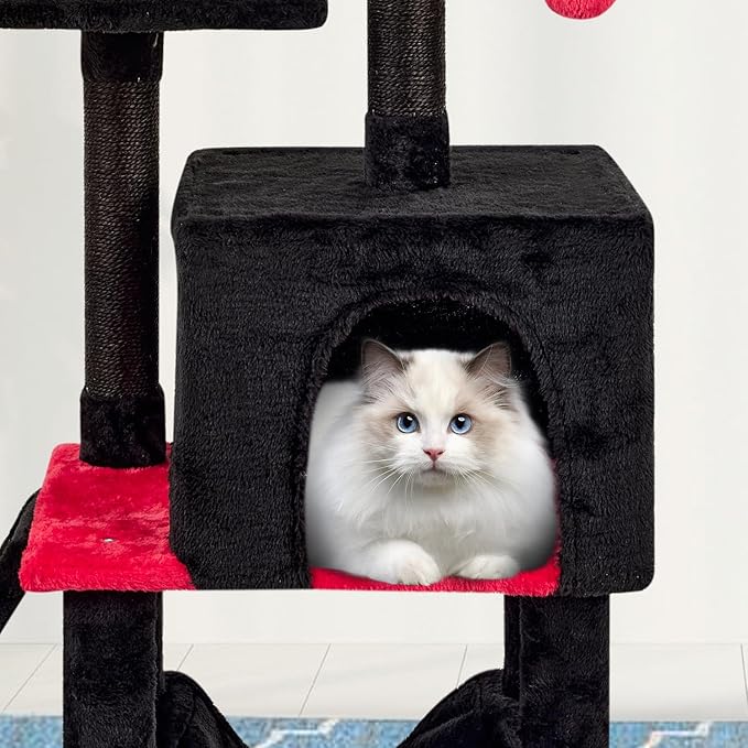 Gothic Cut Cat Tree with Coffin Bed for Indoor Cats Cat Tower with Scratching Post Modern Activity House for Large Cats Condo with Board Kittens Cave Hammock Hanging Ball RED Black