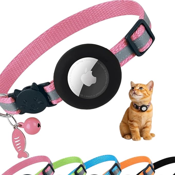 AirTag Cat Collar Breakaway with Apple Air Tag Holder & Bell - Reflective Adjustable Kitten Collar, Lightweight Nylon Safety Release Buckle for Boy Girl Cats, Indoor Outdoor (Fits 8-11 in)