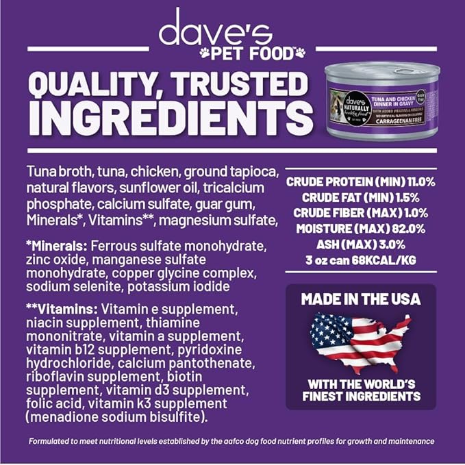 Dave's Pet Food Grain Free Wet Cat Food (Tuna & Chicken in Gravy), Naturally Healthy Canned Added Vitamins & Minerals, Wheat & Gluten-Free, 3 oz (12pack)