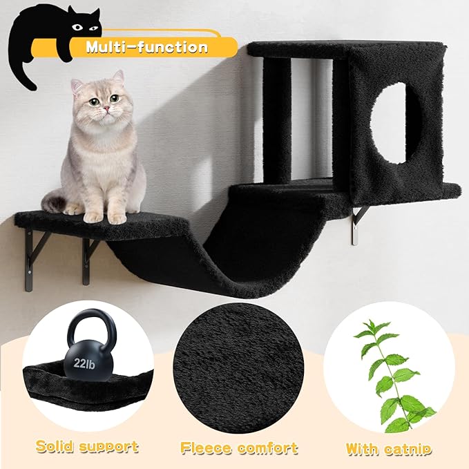 NUNU LAB Wall Mounted Cat Climber Set, 6 Pcs Cat Furniture Set with House, Bridge, Steps, Scratcher Board and Hammock, Shelves for Indoor, Luxury Walls Furniture, Black