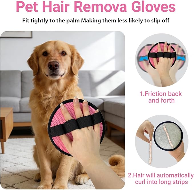 2Pack Pet Hair Removal Glove for Cats and Dogs, Four-Finger Circular Design with Soft Lining and Hanging Loop, Reusable Pet Grooming Gloves for Clothing, Carpet, Car Seats (Pink)