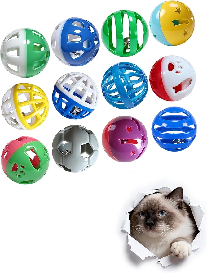 12 Pack Cat Toys 1.5 Inch Plastic Balls with Bell Colorful Hollow Interactive Chase Toys for Cats Kittens Indoor Outdoor Play