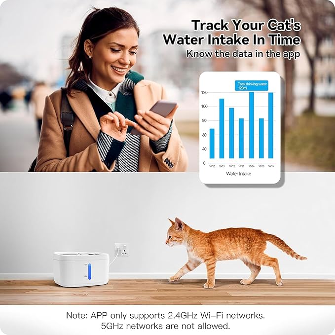 Brrnoo Cat Water Fountain Stainless Steel - 87oz/2.5L Pet Drinking Fountain for Cats Indoor - Automatic Cat Watering Dispenser Bowl with Water Level Window - Quiet for Cats & Dogs (D)