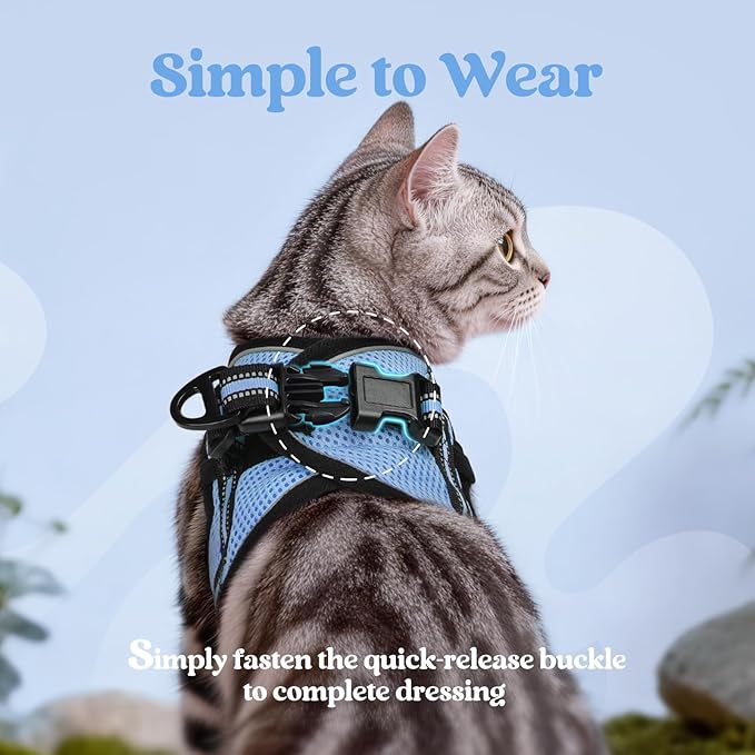 rabbitgoo Cat Harness and Leash Set for Walking Escape Proof, Adjustable Soft Kittens Vest with Reflective Strip for Cats, Comfortable Outdoor Vest, Light Blue, XL