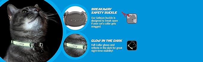 Rogz Glow in the Dark Reflective Cat Collar with Breakaway Clip and Removable Bell, fully adjustable to fit most breeds, Blue Floral Cat Design