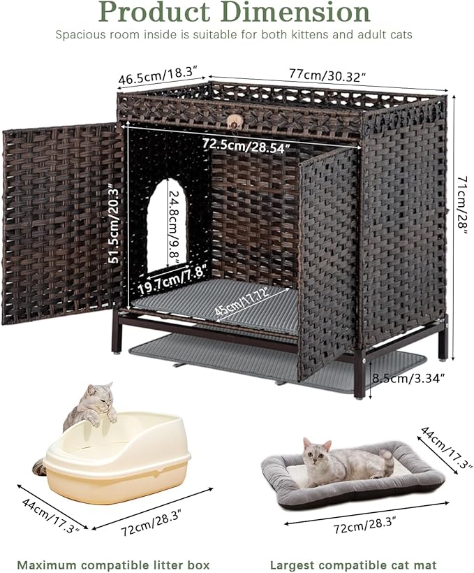 SETVSON Cat Litter Box Enclosure Furniture, Hidden Handwoven Rattan Litter Box with Mat, Large Cat House with Metal Heightened Feet, 30.3 x 18.3 x 28 Inches, Indoor for Living Room, Bedroom Brown