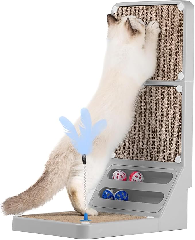 Goosheep Cat Scratching Board Cat Scratching Post,2-in1 L Shaped Cats Cardboard Scratcher with Box, Kitten Scratcher Ball Wall Scratchers Pad for Indoor Cats Grey