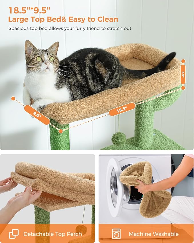 MUTTROS Cactus Cat Tree for Adult Cats with Super Large Top Perch, 56.3" Cat Tower for Cats with Plush Hammock, Dangling Pompom, Cat Scratching Posts and 2 Condos, Green House