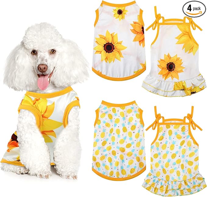 Frienda 4 Pieces Dog Clothes Set Include 2 Pcs Cute Pet Dress Lovely Dog Dress and 2 Pcs Breathable Pet T Shirt Puppy Clothes(Pineapple, Sunflower,X-Large)