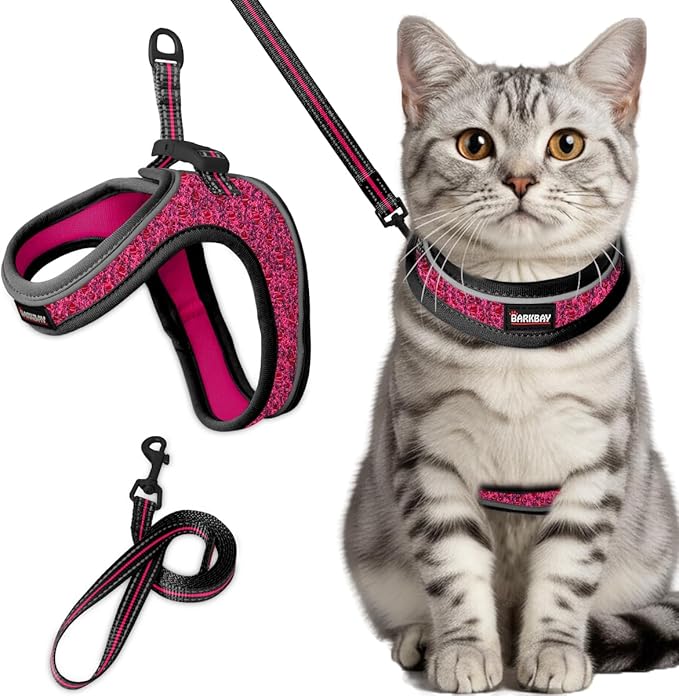 Cat Harness and Leash Set,Escape Proof Kitten Harness,Step in Adjustable Soft Lightweight,Easy Control,Reflective Strips Comfortable for Walking Travel(Pink/Black,XS)