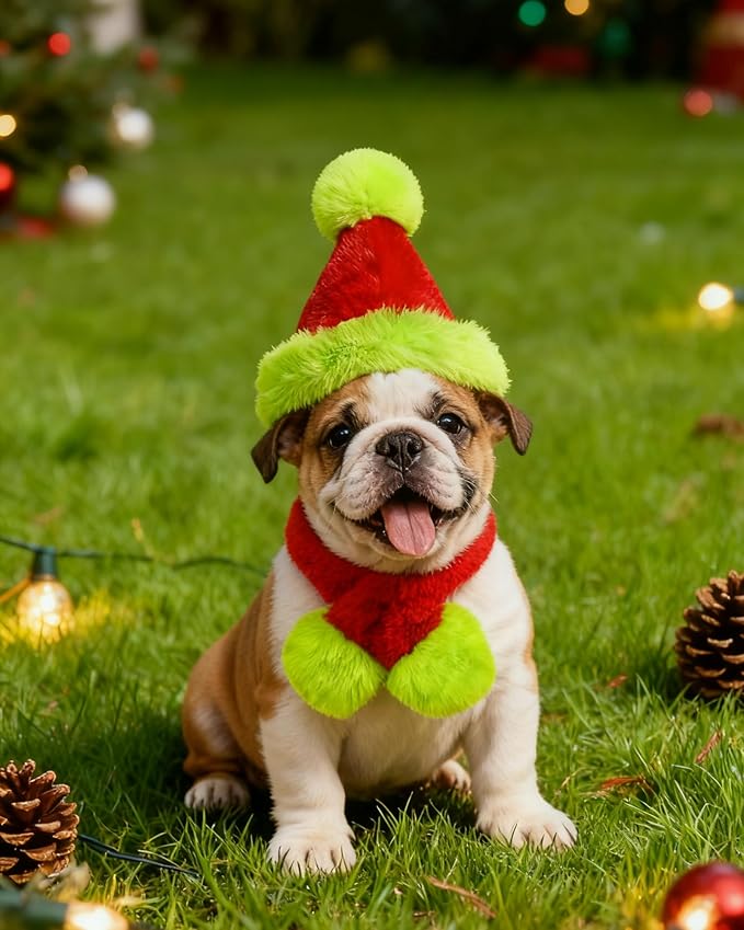 Dog Christmas Hat with Scarf, Cat Santa Hat Soft Plush Dogs Mini Santa Hats Small Dogs or Cats Pet Costumes Goose Cat Christmas Outfit(Green Red, Medium)