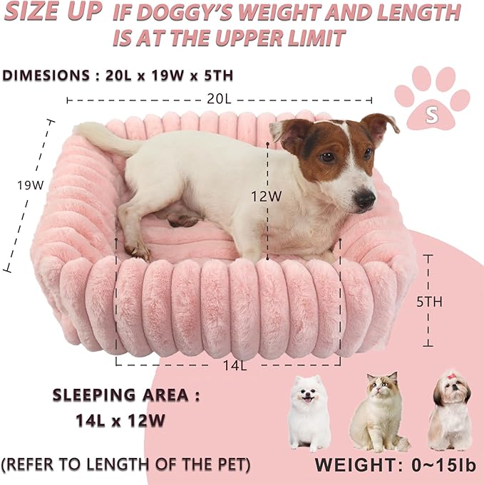 Cute Small Dog Beds for Small Dogs Girl and Cats Washable,Rectangle Cat Bed with Sides Orthopedic Soft Cozy Calming Sleeping Puppy Beds Pink Pet Cuddler Doggie Bed with Anti-Slip Bottom S(20"x19"x5")