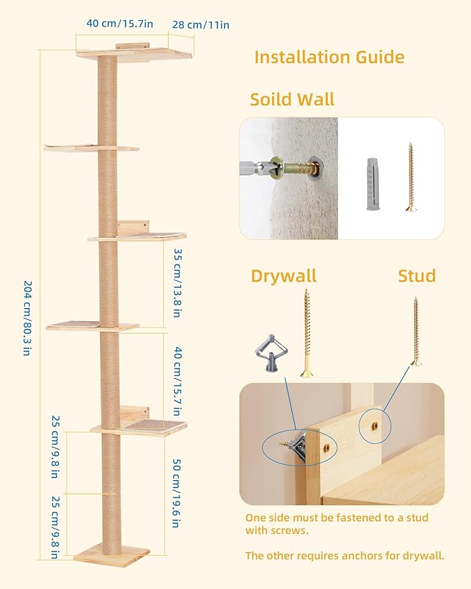 Aechonow 80inch Wall Mounted Cat Tree, 15.8in Top Perch Bed for Large Adult Cats, Adjustable Cat Shelves Floor to Ceiling for Scratch, Climb, and Lookout