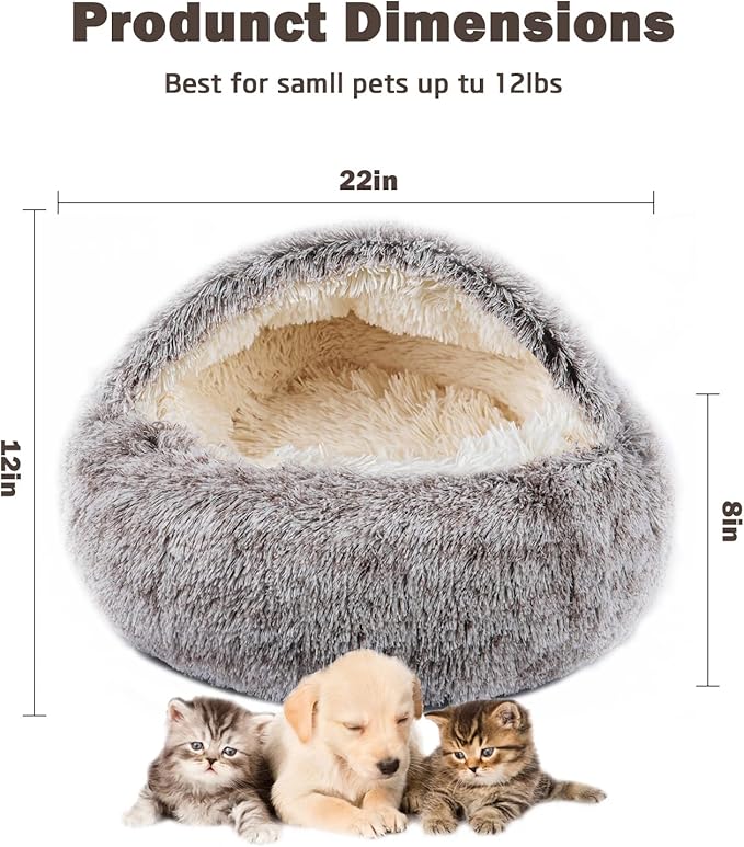 Cat Bed for Indoor Cats, Calming Cozy Cave with Self-Warming Plush, Entire Bed Machine Washable & Anti-Slip Base, Breathable Pet Bed for Small Cats&Dogs All Seasons (Khaki, 22 * 22inch)