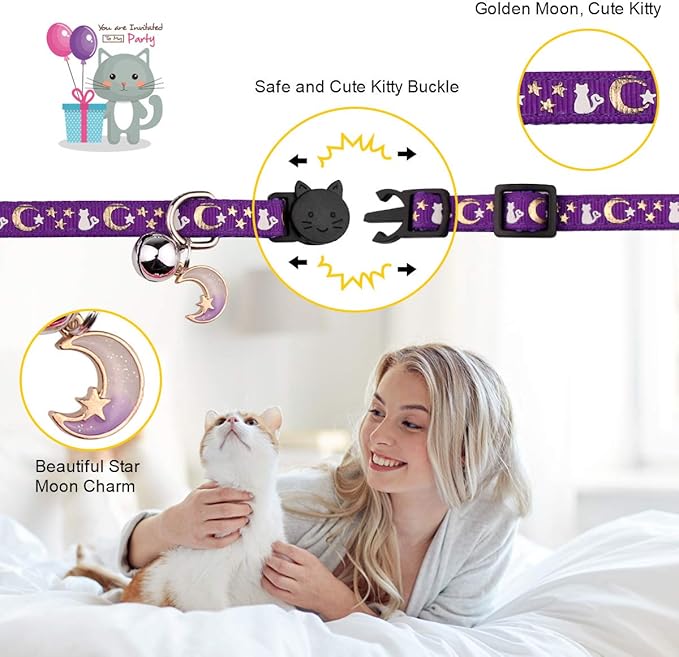 4PCS Cat Collar with Bells,Breakaway Cat Collars,Kitten Collar with Bell Moons Stars Cute Kitty Safe Kitten Collars with Pendant,Cat Collars for Girl Cats 6.9-10.7 Inch(2 Purple & 2 Pink)