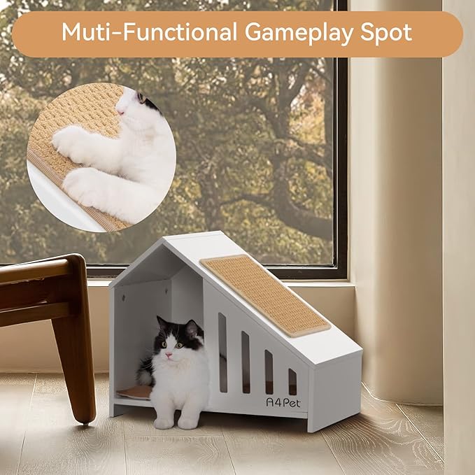 A4PET Cat House Wooden Cat Condo Cat Beds for Indoor Cats with Scrather Cushion with Non-Slip Silicone, Cat Furniture Pet House for Cats Small Dogs