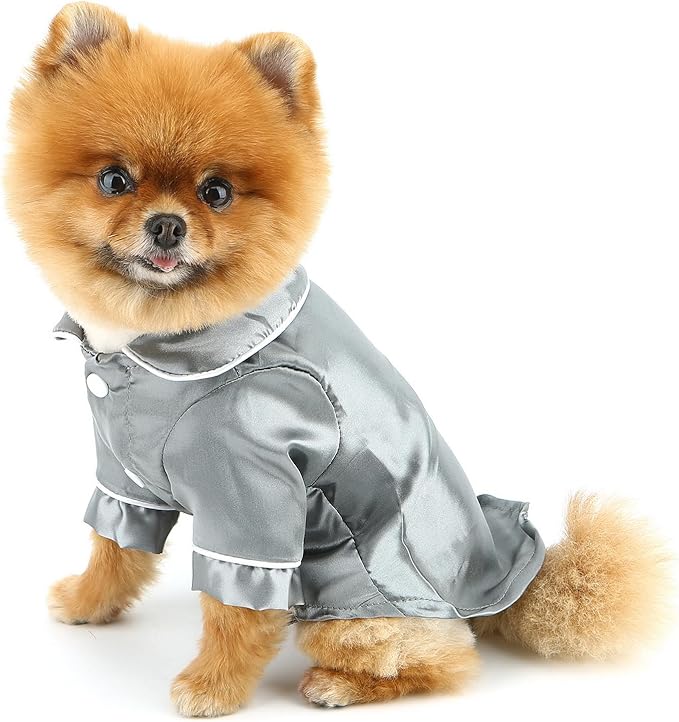 PAIDEFUL Soft Faux Silk Sleepwear for Small Dogs Cats Lapel Doggie Loungewear Lightweight Breathable Puppy Pajamas PJS Two-Legged Pet Shirt Clothes Summer Spring Chihuahua Apparel Button Up,Gray,S