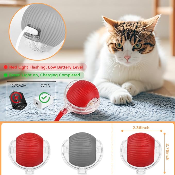 Goosheep 2025 New 2Pack Cat Ball Kitten Toys for Indoor Interactive Kitty Ball Toy Speedy Tail 360° Automatic Rolling for Dog, Cat(Red Grey)